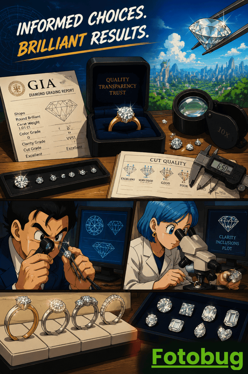 Anime-style illustration of diamond experts inspecting engagement rings and loose diamonds